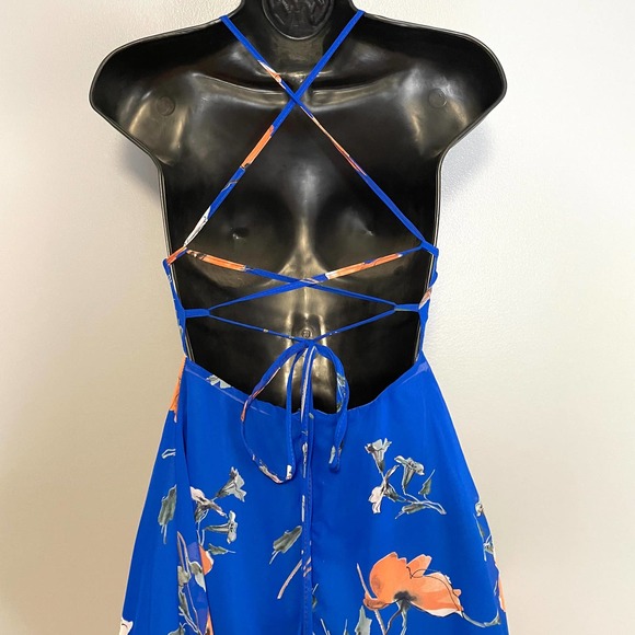 Lulus Cherished Moment Blue Floral Open Lace Back Fit & Flare Skater Mini Dress - Picture 5 of 5